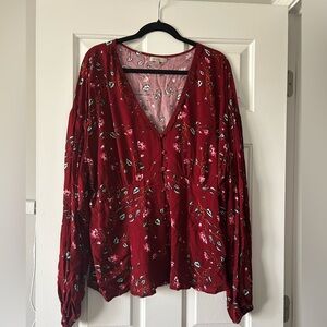 Wonderly Burgundy Floral V-Neck Button-Front Blouse